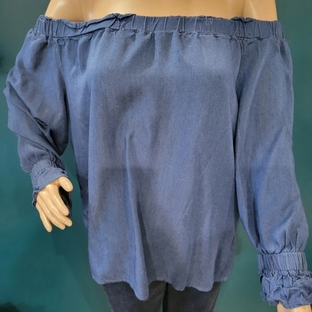 Bali Corp. Off Shoulder Mid Sleeve Sz L Blue Jean Blouse‎ Tunic